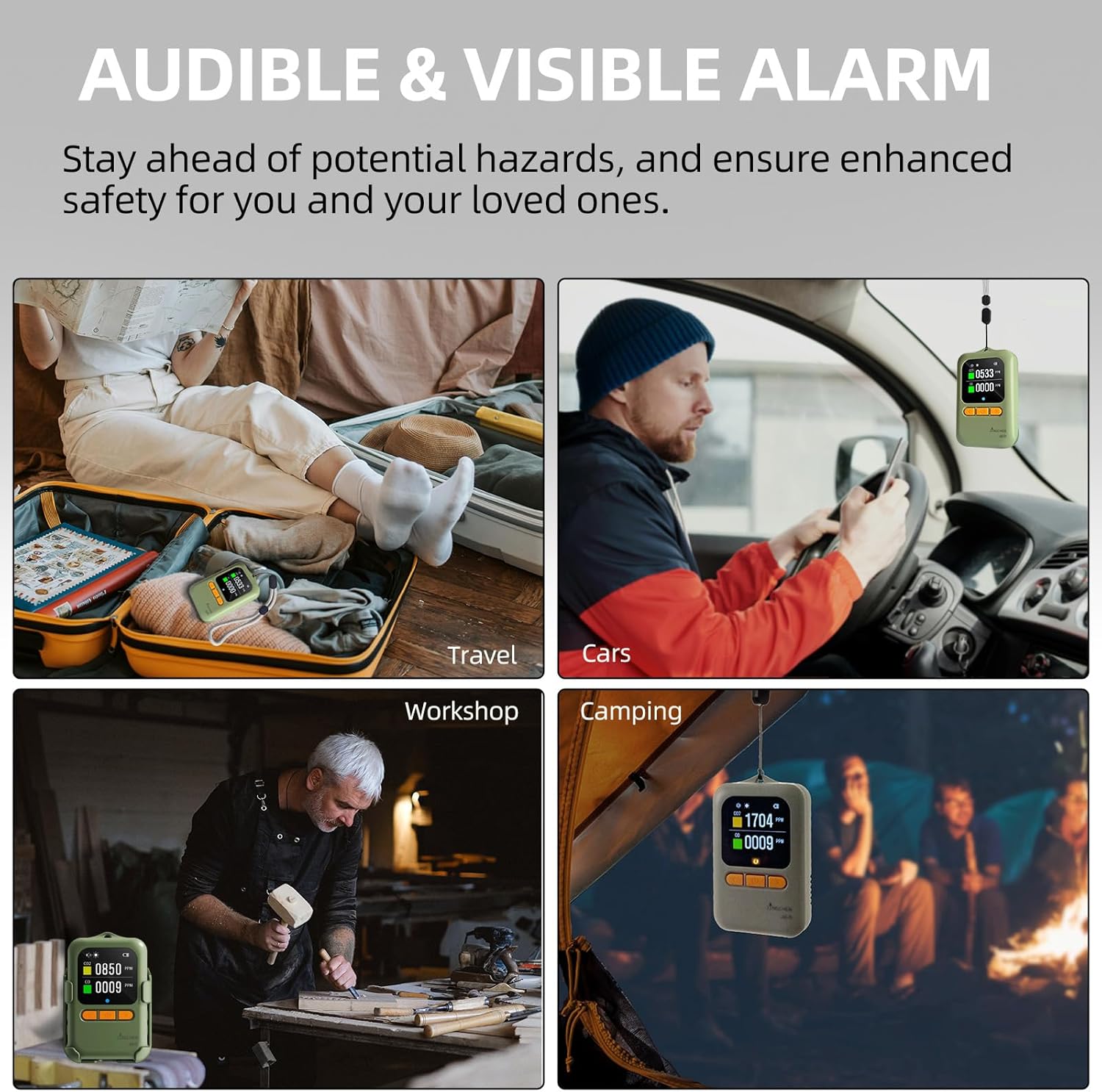 Carbon Monoxide detectors 4-in-1 Portable CO & CO2 Monitor for Travel RV CO Detector Temp/Hum Sensor, Rechargeable Real-Time CO Alarm& CO2 Alarm for Air Safety & Quality (Japan CO Sensor & NDIR)