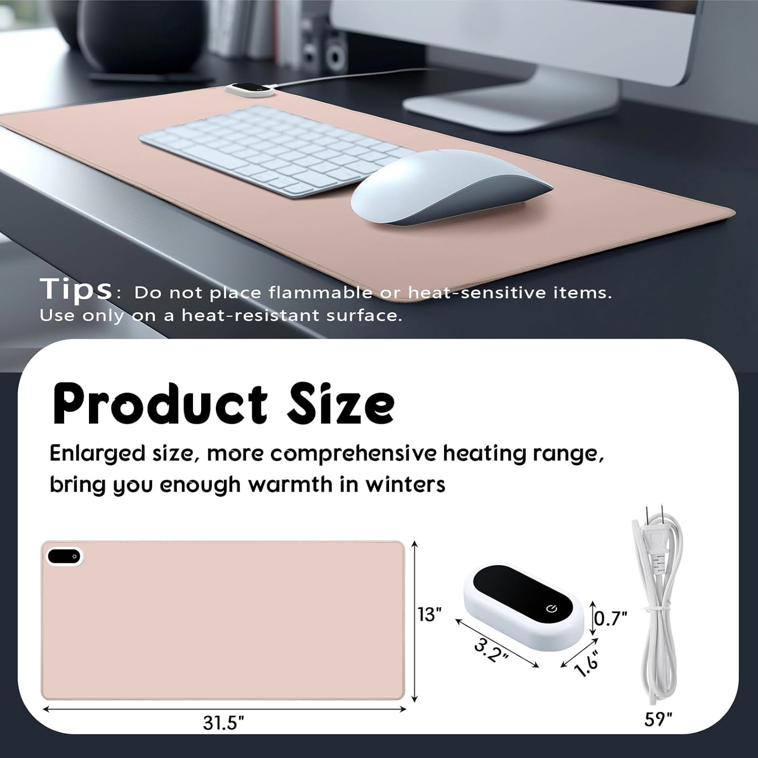Konohan Heated Large Desk Mat PU Leather Warm Mouse Pad with 5 Heating Level & 4 Hour Auto Shut-Off Heating Keyboard Pad Warmer Gaming Mice Mat Only Supports 110v(Khaki Color,31.5" X 13")