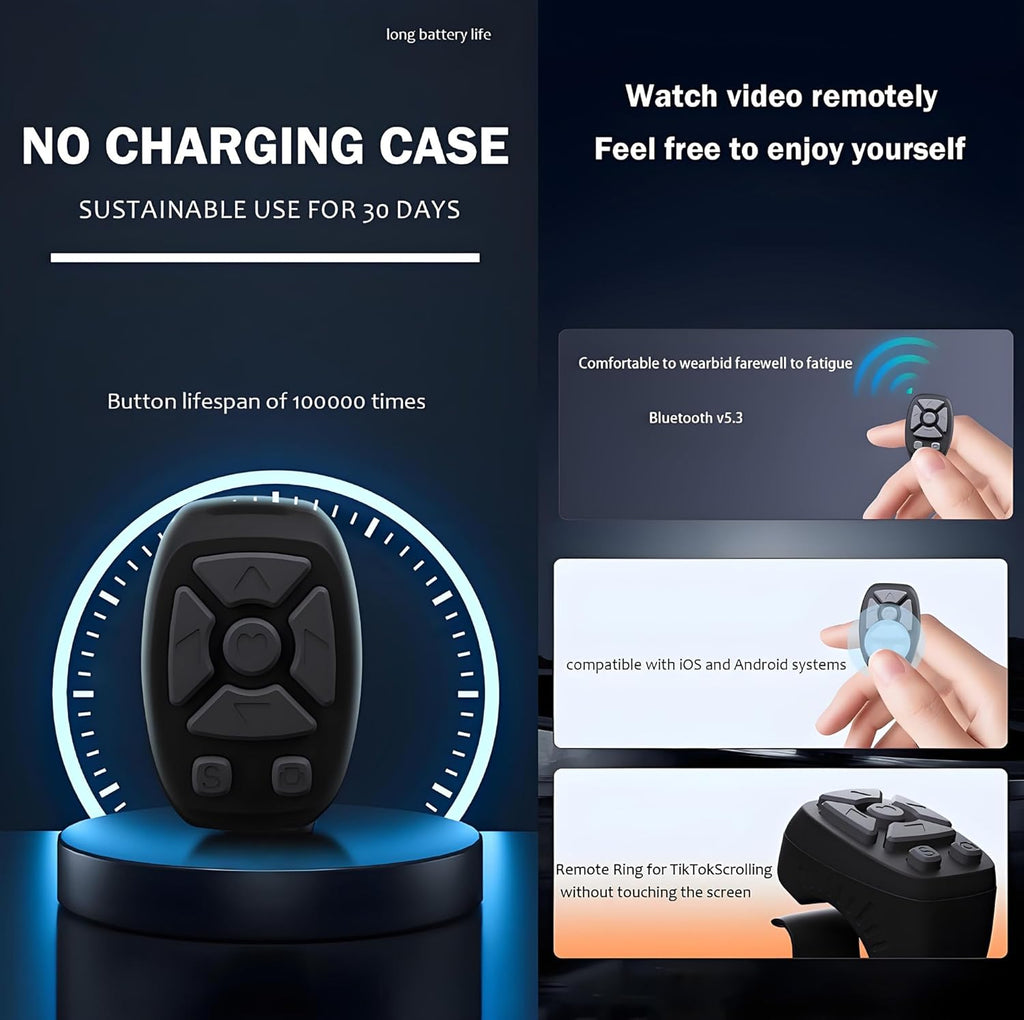TK Rechargeable Fingertip Wireless Bluetooth Remote Control TK Scrolling Ring, RC Page Turner Music Video Camera Style B Black