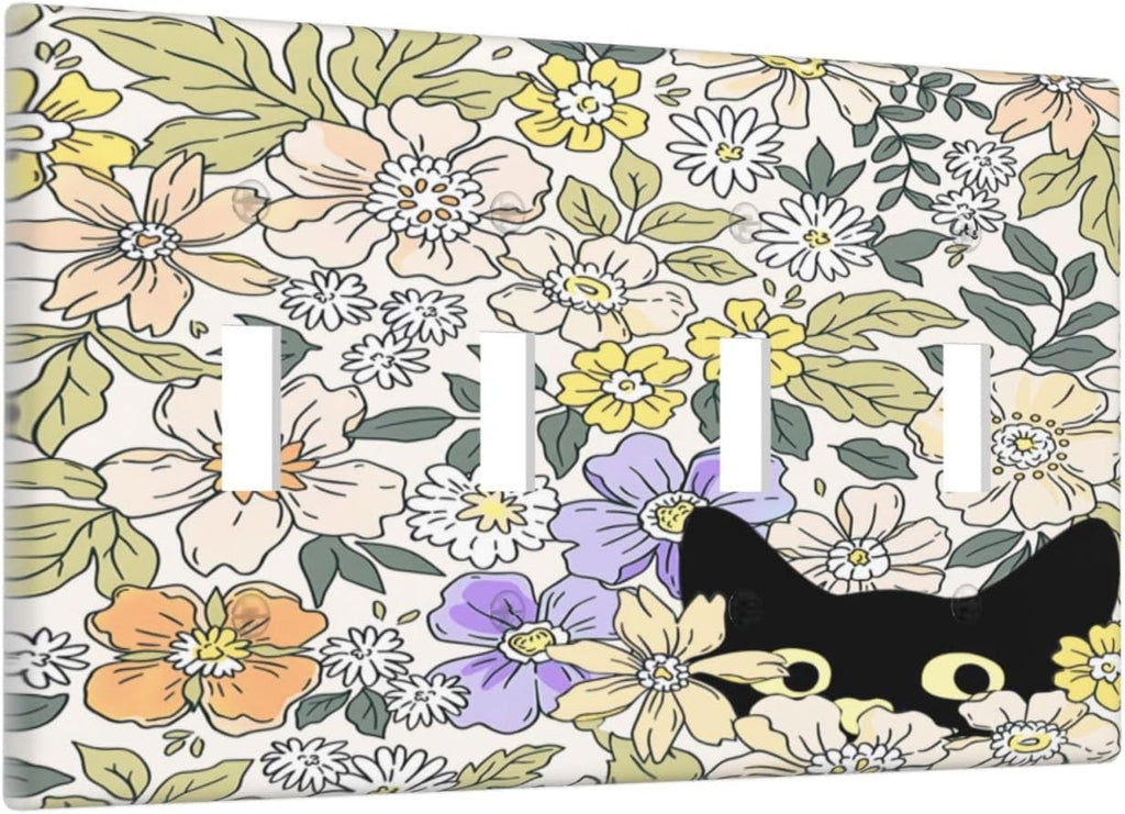 Decorative Light Switch Plate Covers Cute Black Cat in a Flower Patch Botanical Garden 4 Gang Artistic Wall Plate Unique Quad Toggle Light Switch Covers for Bedroom Home Decor