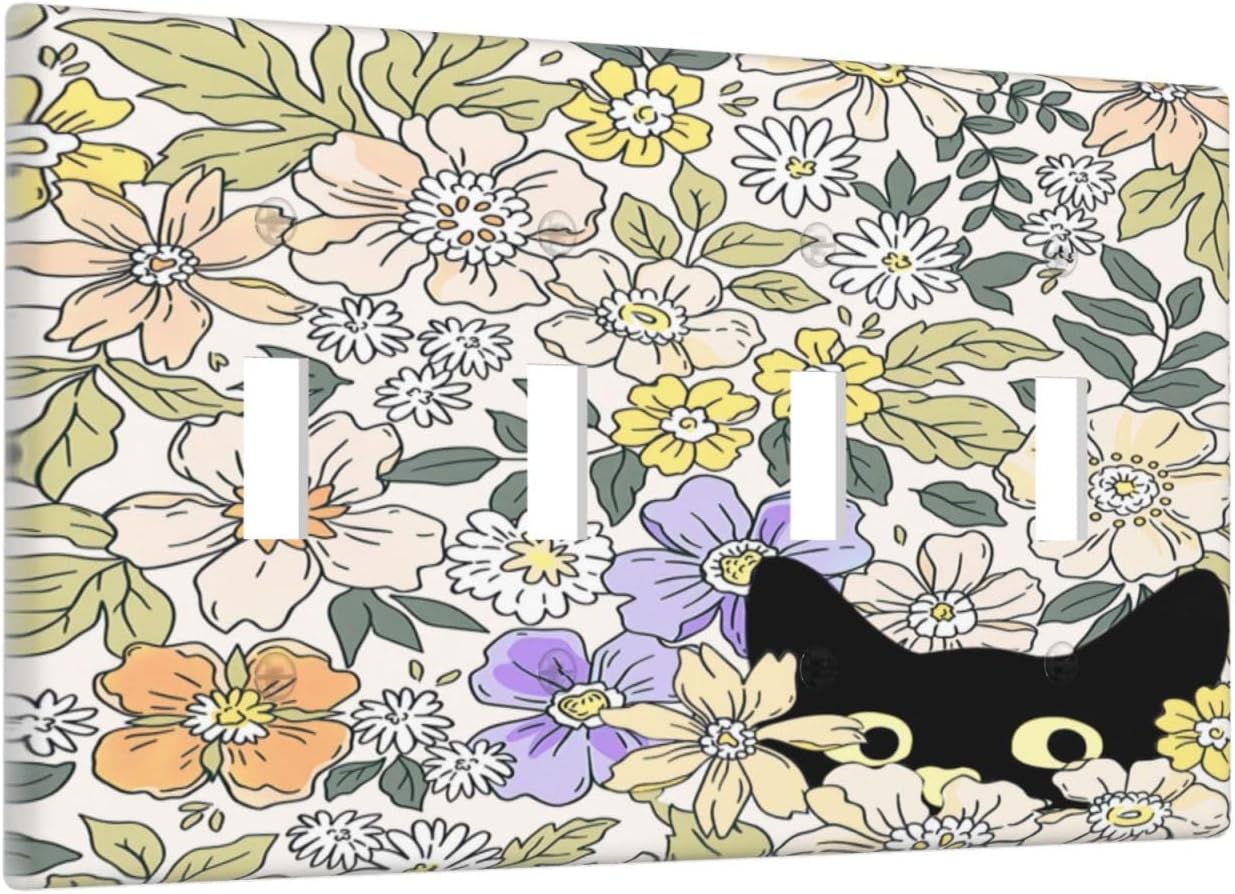 Decorative Light Switch Plate Covers Cute Black Cat in a Flower Patch Botanical Garden 4 Gang Artistic Wall Plate Unique Quad Toggle Light Switch Covers for Bedroom Home Decor