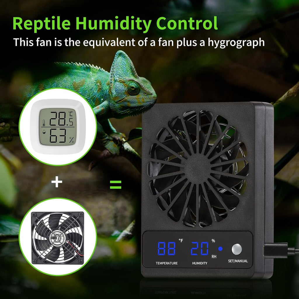 2 PCS Reptile Fans with Thermo-hygrometer | Real-Time Humidity Control Fan Dehumidifier for Enclosures, Aquariums & Terrariums