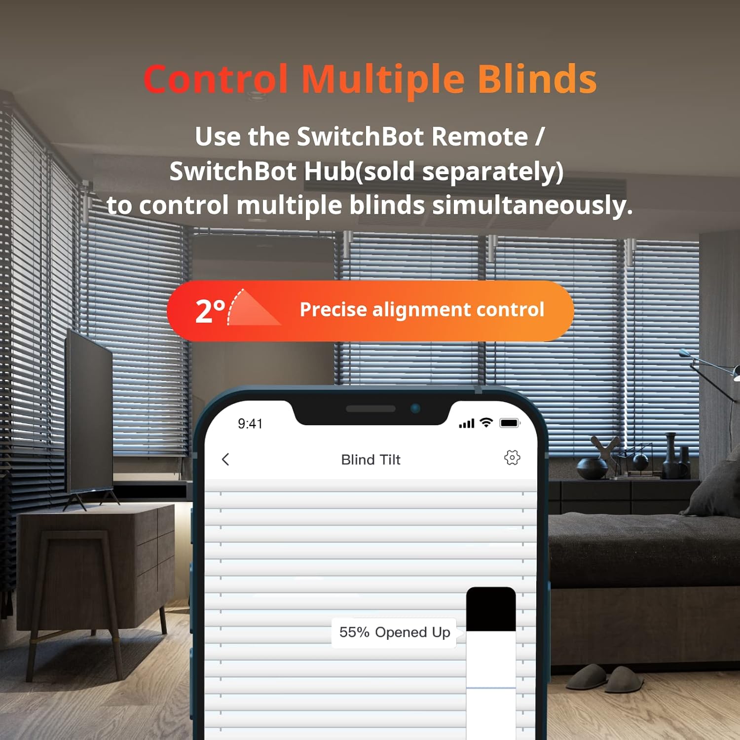 SwitchBot Blind Tilt Motorized Blinds with Remote, Automatic Blind Opener and Closer, Solar Powered, Light Sensing Control, Add Hub Mini to Make it Compatible with Alexa & Google Home