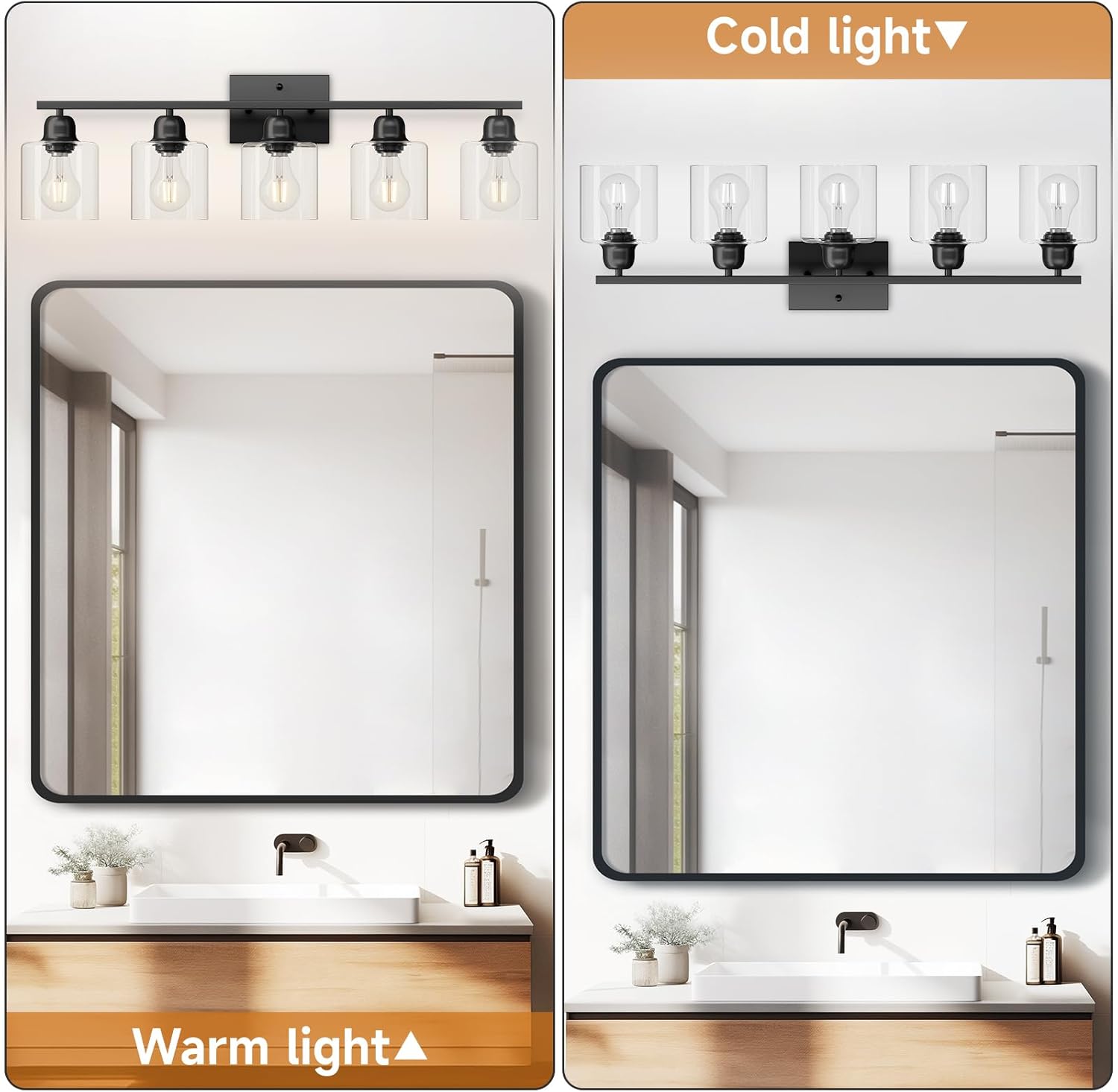 Modern 5 Light Bathroom Vanity Light, 31 inch Black Bathroom Lights Fixtures, Vanity Lights with Clear Glass for Mirror Kitchen Living Room Hallway Cabinet Porch