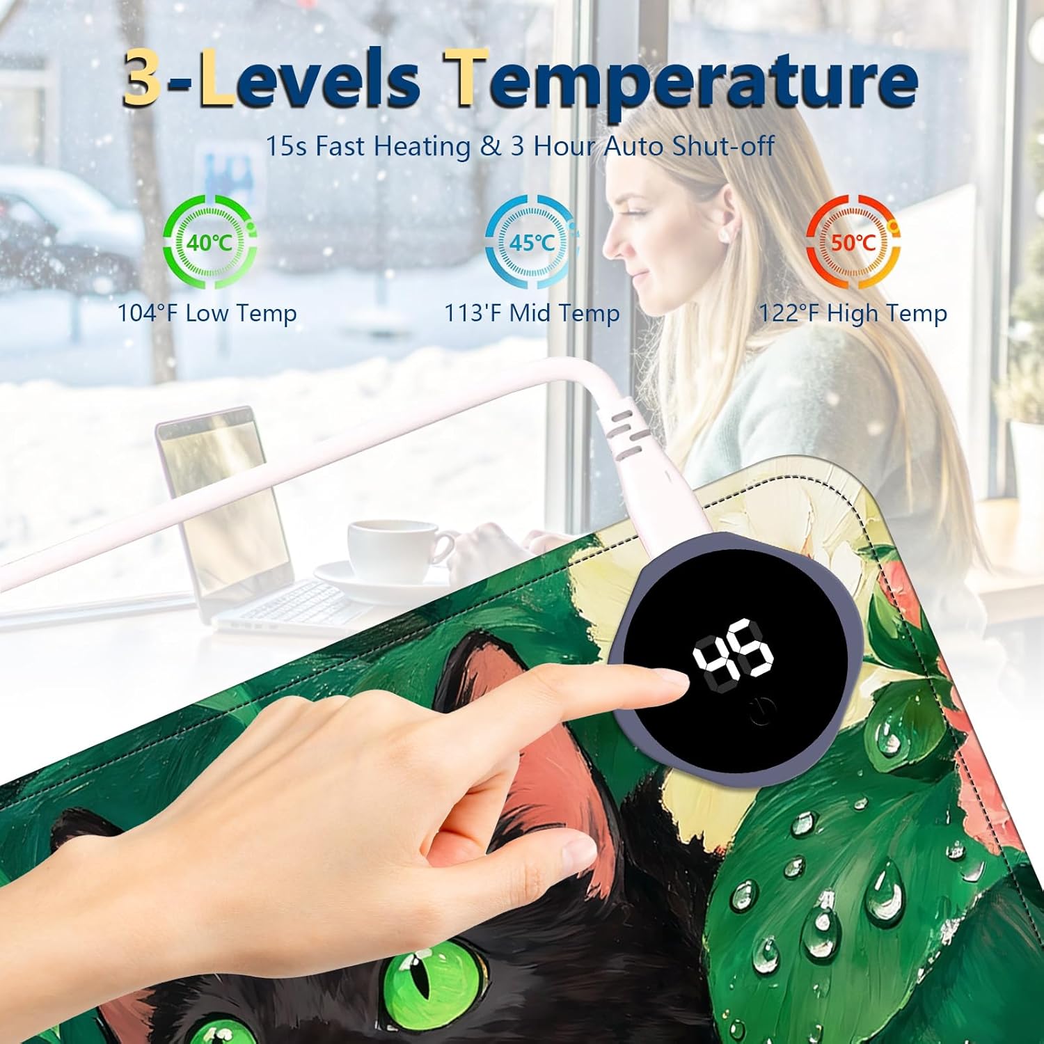 Heated Mouse Pad with 3 Temperature Settings(104°F–122°F),Large 31.5x13 Inch PU Leather Heated Desk Mat,Waterproof Warming Pad for Office,Gaming & Cold Hands Relief,Flower Black Cat Art