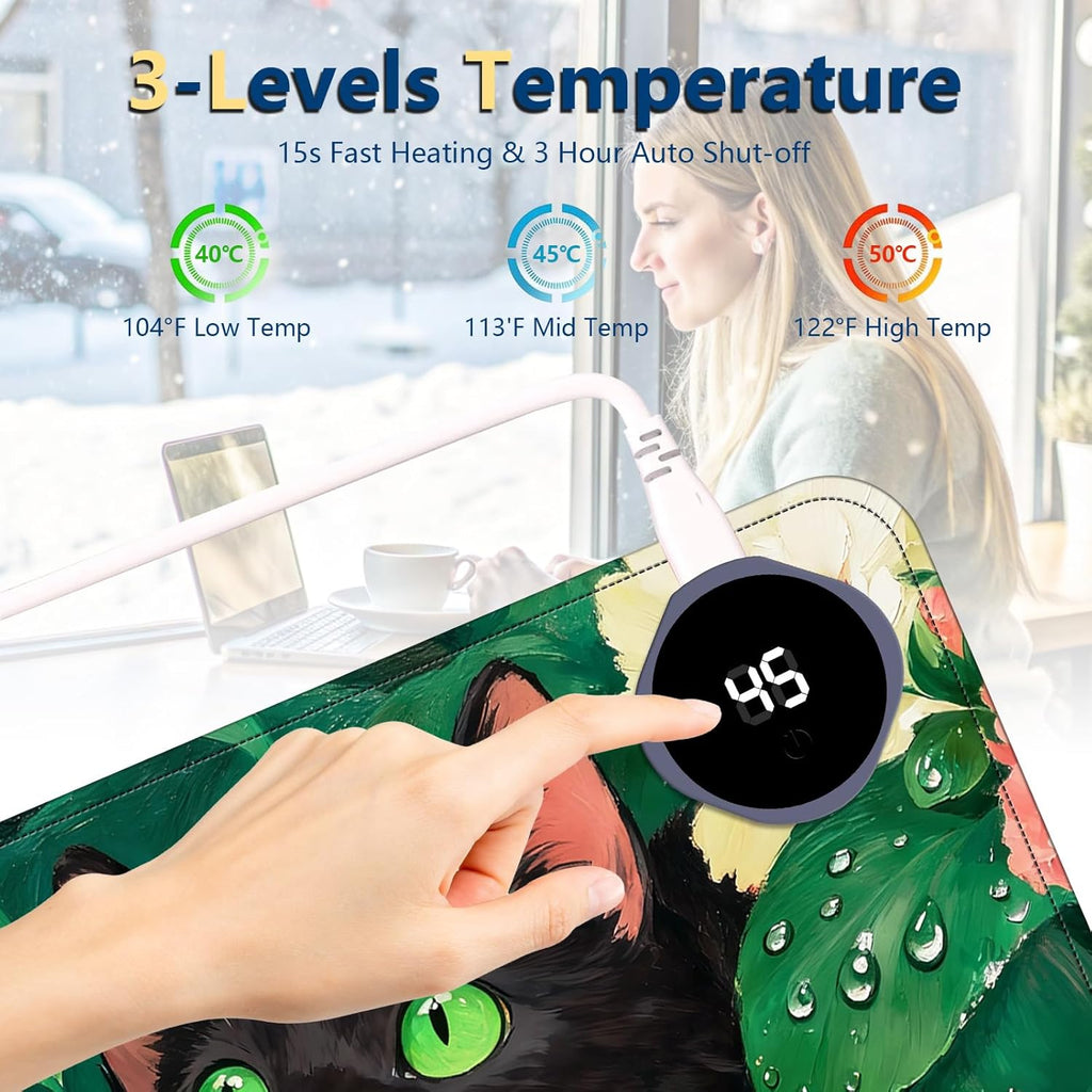 Heated Mouse Pad with 3 Temperature Settings(104°F–122°F),Large 24x14.2 Inch PU Leather Heated Desk Mat,Waterproof Warming Pad for Office,Gaming & Cold Hands Relief,Flower Black Cat Art
