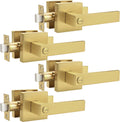 Probrico Heavy Duty Flat Gold Door Handles Square Privacy Interior Door Levers Bedroom and Bathroom Door Handles Keyless Bed/Bath Lockset (4 Pack)