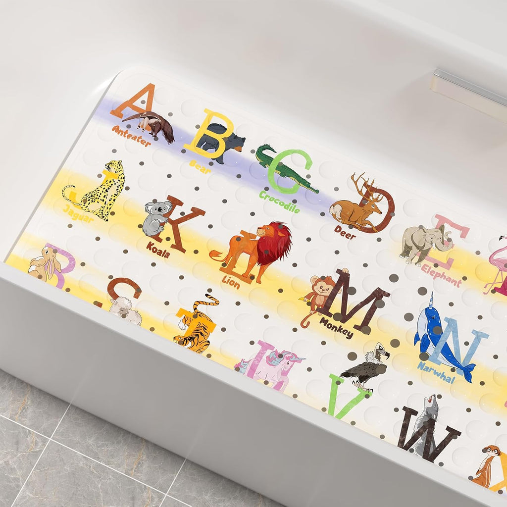 AmazerBath Baby Bath Mat Non Slip, Cartoon Kids Bath Mat for Tub 40 x 16 Inches Full Size Shower Stall Mats - Alphabets & Animals