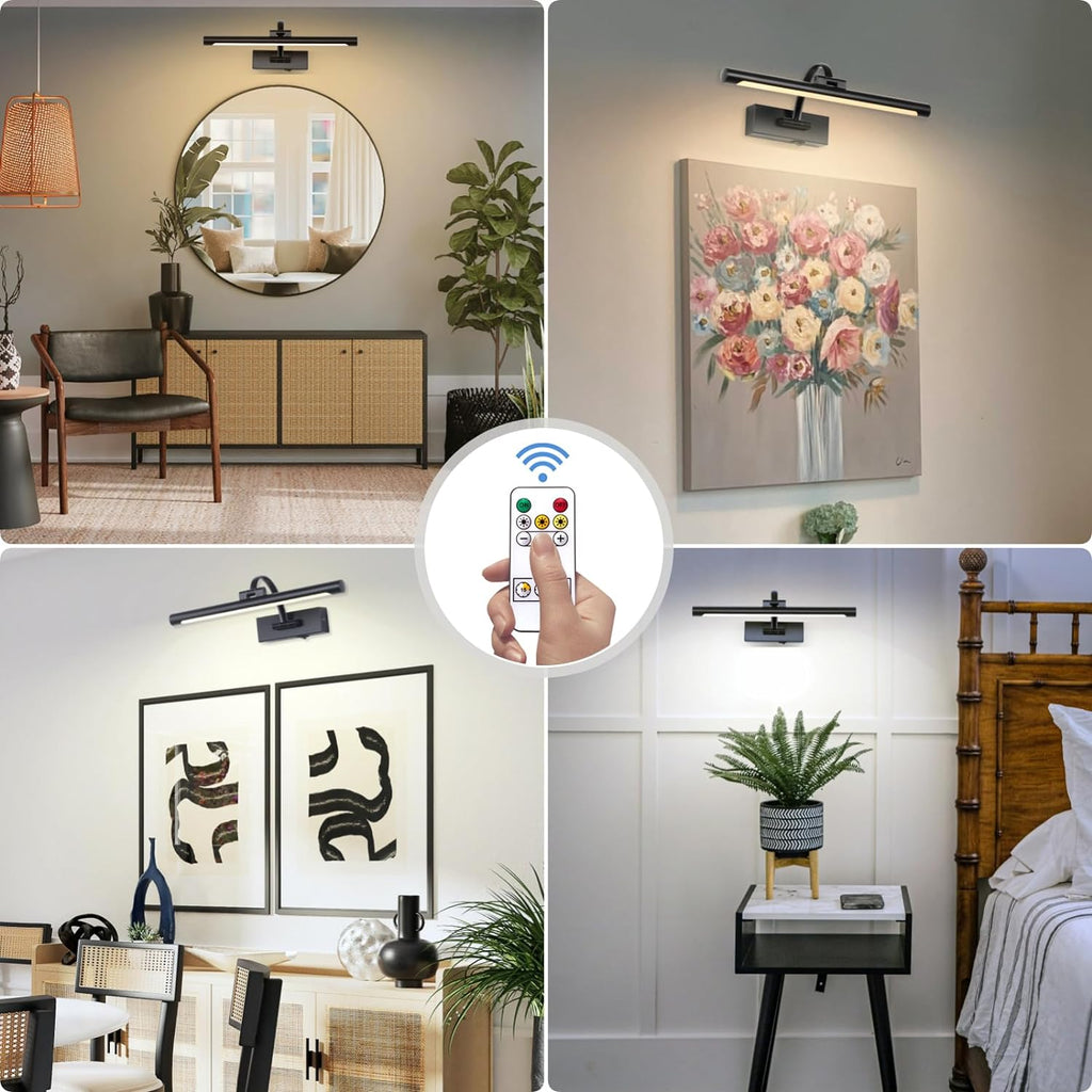 Wireless Battery Operated Picture Light,Rechargeable Wall Light with Remote and Timer,15.75 Inch Black Dimmable Painting Light,3CCT with Adjustable Swing Arm for Display Gallery Lighting