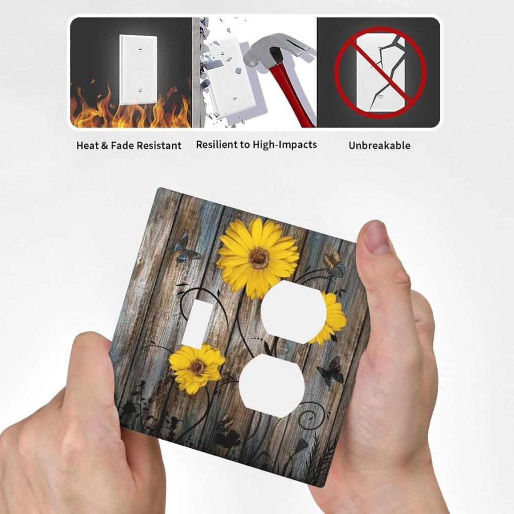 Rustic Barn Sunflower Wooden Daisy Flower Plank Wallplates 1 Toggle 1 Duplex Switch Plate Electrical GFCI Faceplate Decorative Light Switch Covers for Farmhouse Home Decor