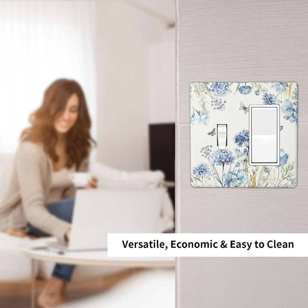 Outlet Covers Blue Floral Hydrangea Plants 1 Toggle 1 Rocker Combination Decorative Wall Plate Light Switch Cover Plate Electrical Switch Plates for Bedroom Home Decor