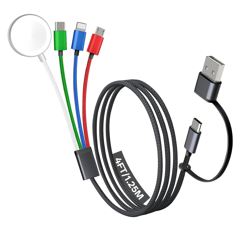 Travel Essentials, 4 in 2 Multi Charging Cable for Apple Watch Charger/iPhone Charger,USB C Cable Cord for iPhone 17-11/iWatch Ultra/10-2/Galaxy S25-S20, Android Phones, MP3-MultiColor,4FT