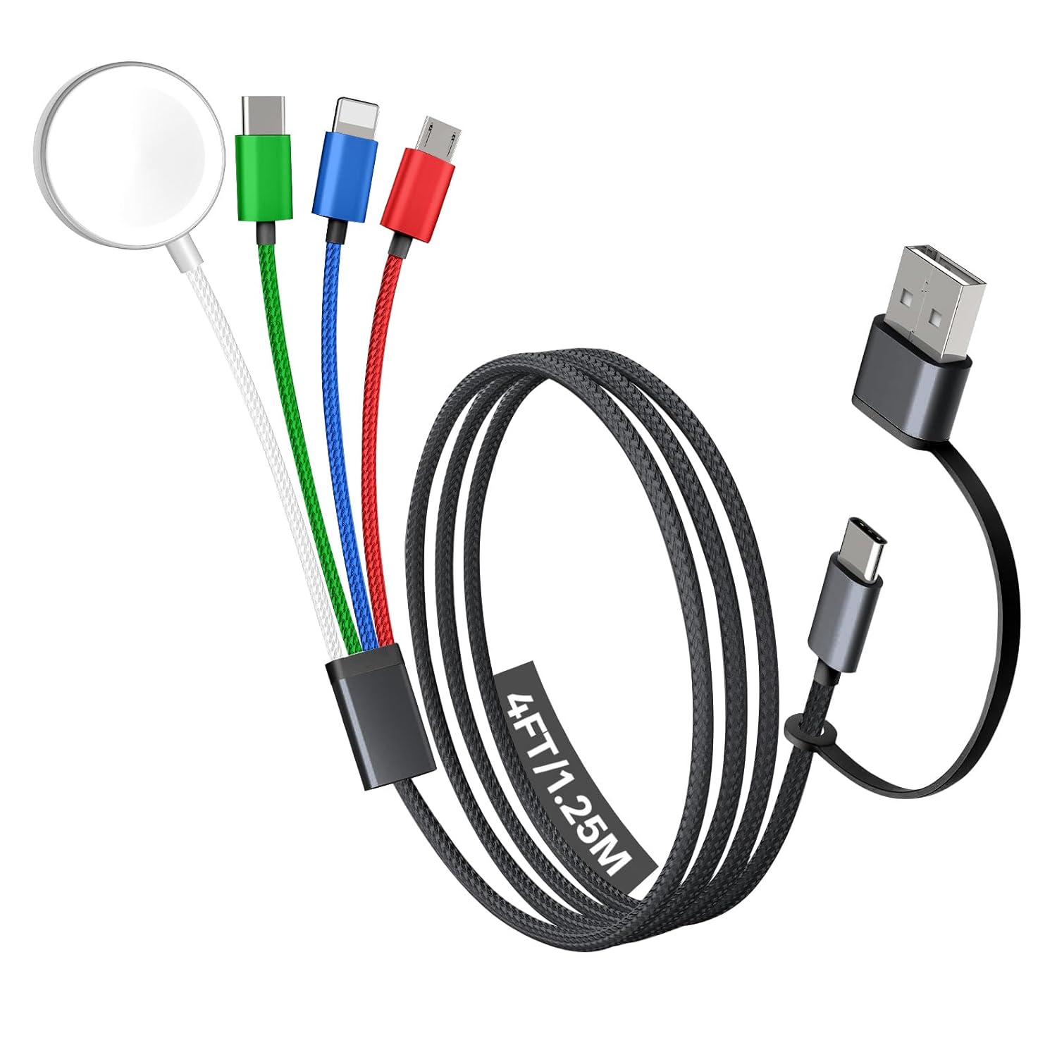 Travel Essentials, 4 in 2 Multi Charging Cable for Apple Watch Charger/iPhone Charger,USB C Cable Cord for iPhone 17-11/iWatch Ultra/10-2/Galaxy S25-S20, Android Phones, MP3-MultiColor,4FT