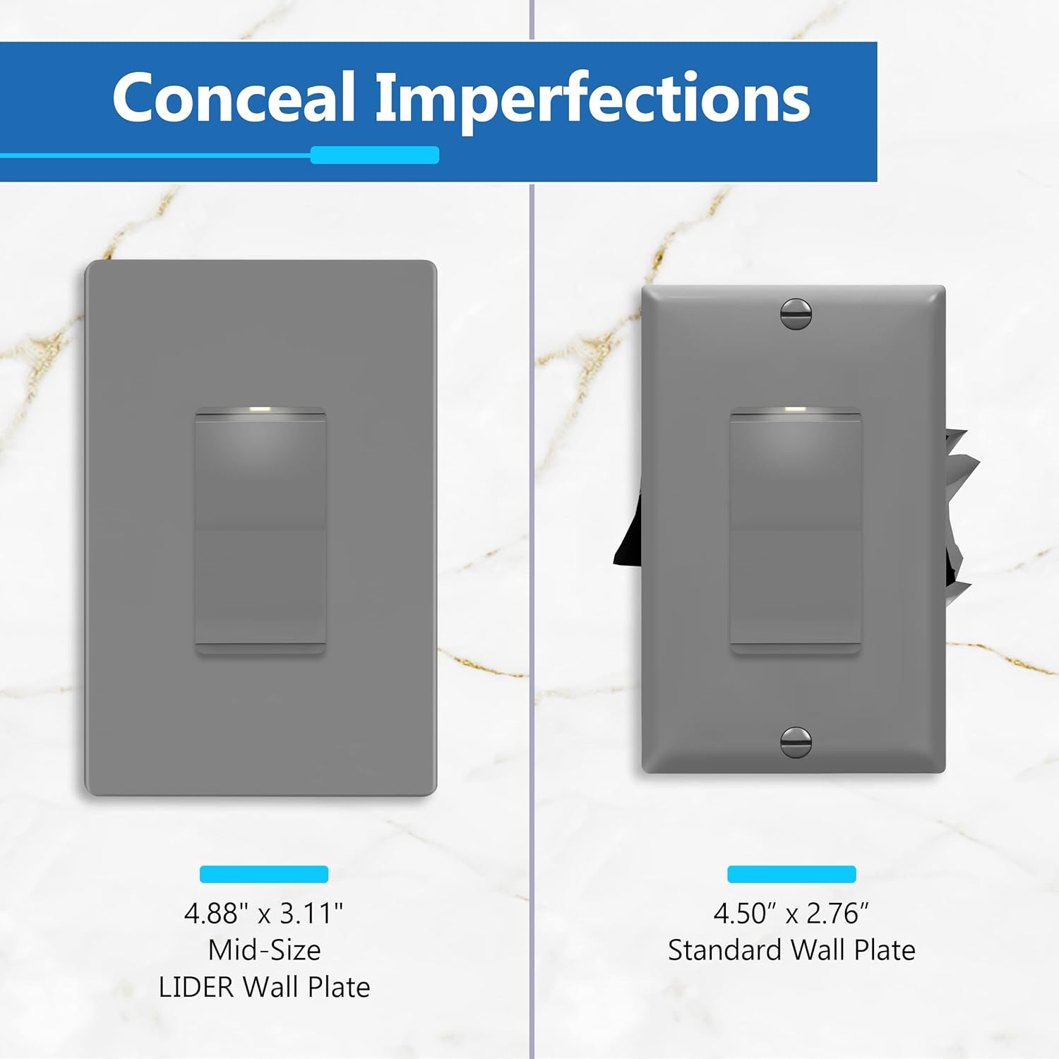 LIDER Matte Finish Decorator Switch Cover, Screwless Wall Plate, Mid-Size 1-Gang 4.88" x 3.11", Unbreakable Polycarbonate Thermoplastic, UL Listed, LSWP-31M-GY, Gray