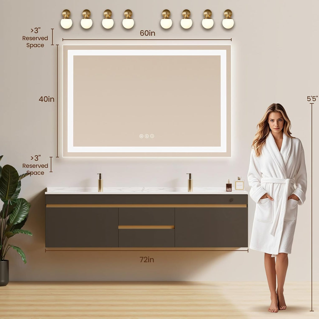 60X40 LED Bathroom Mirror with Lights, Anti-Fog, Backlit + Front Lit, Lighted Bathroom Vanity Mirror for Wall, Memory Function, Dimmable, Tempered Glass, Shatter-Proof