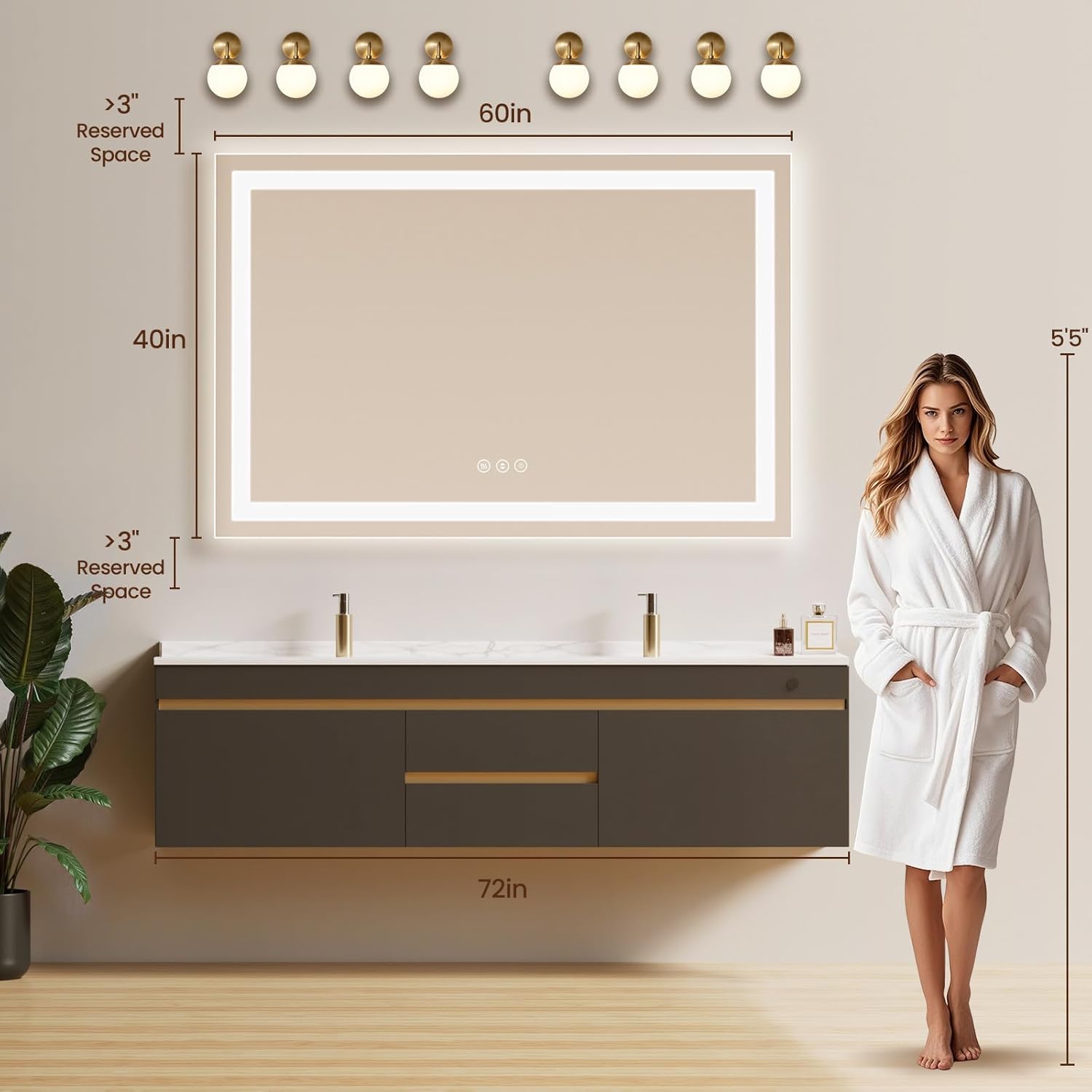 60X40 LED Bathroom Mirror with Lights, Anti-Fog, Backlit + Front Lit, Lighted Bathroom Vanity Mirror for Wall, Memory Function, Dimmable, Tempered Glass, Shatter-Proof