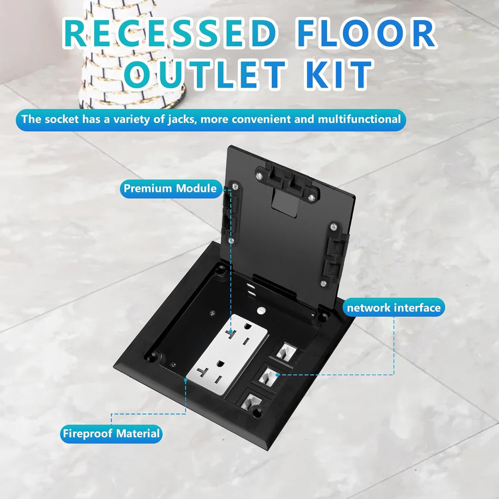 KYHSHJ Recessed Flat Hidden Socket Kit with 20 Amp Stainless Steel TR Receptacle Outlet Stainless+3-Port RJ45 Datacom Receptacle.Internal Height Adjustable，Corrosive Resistant Hardware，Black