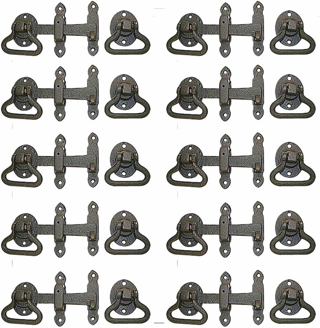 Black Wrought Iron Gate Turn Latch Lock Set 6.5 Inches W Heavy Duty Rust Resistant Powder Coated Barn Door, Fence Or Gate Ring Latches With Mounting Hardware Renovators Supply Manufacturing Pack Of 10
