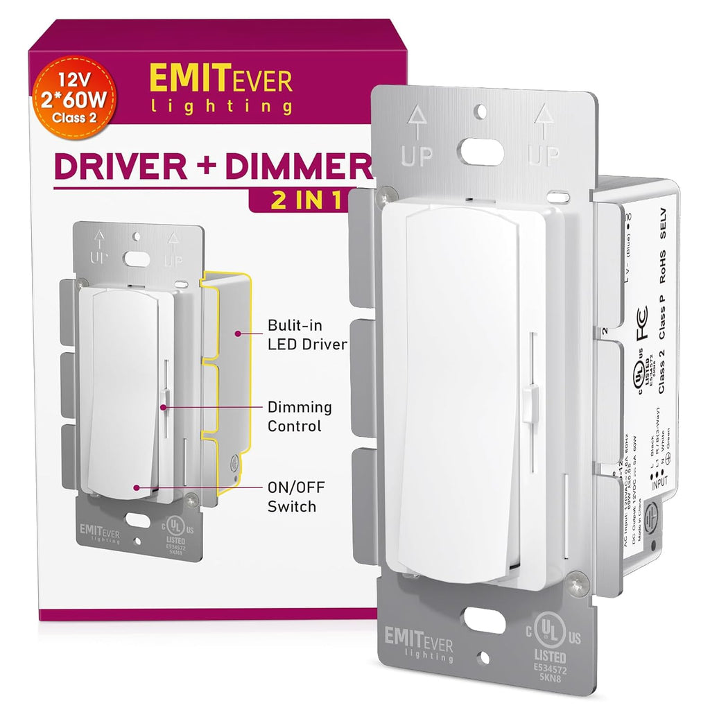 Dimmer Light Switch & 12V 120W Dimmable LED Driver 2 in 1, UL Listed Class 2 Single-Pole or 3-Way Slide Dimmer Switch for Led Lights,120VAC to 12VDC Power Supply for Low Voltage Project, Glossy White