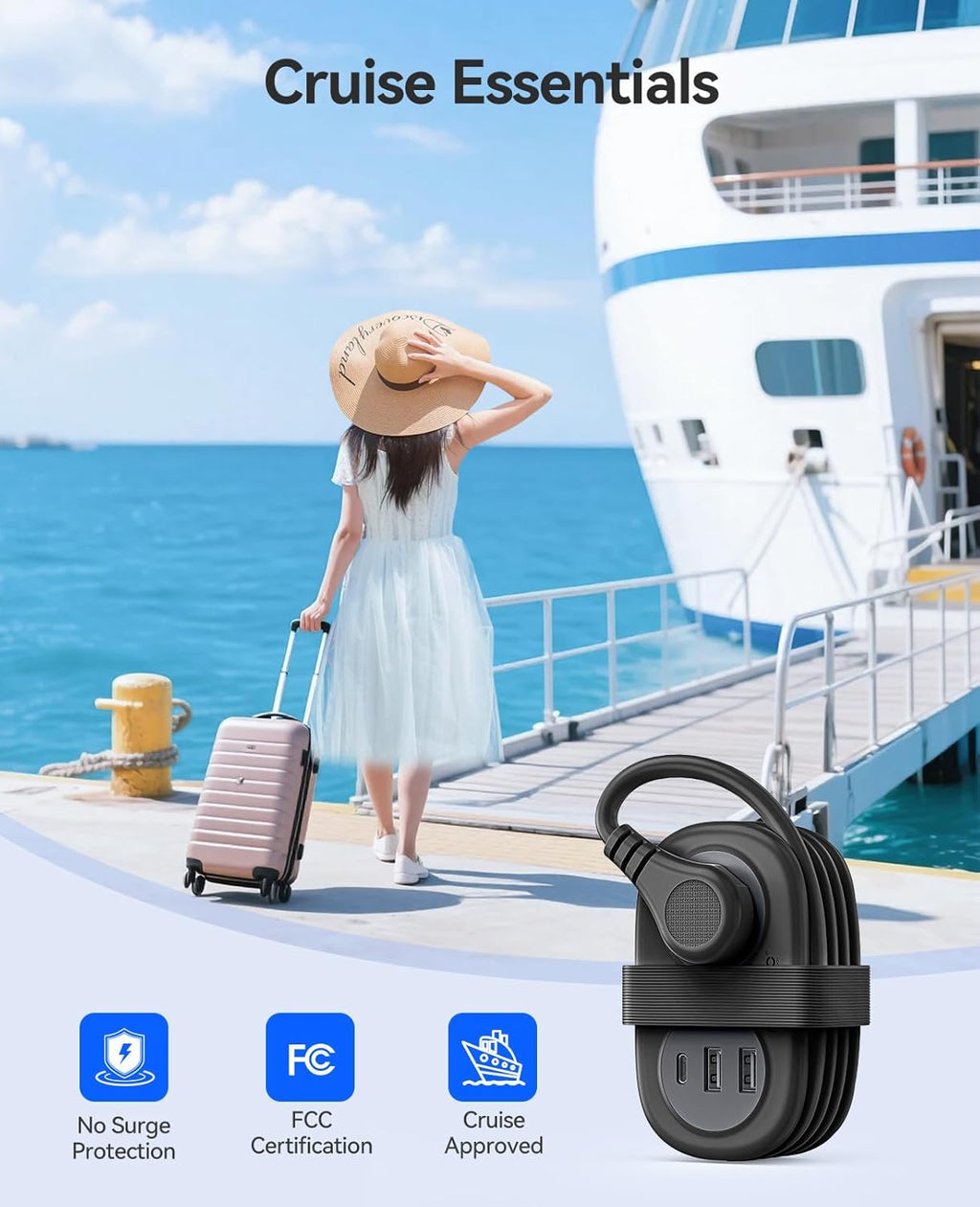 ORICO Pocket Power Strip for Travel, 5 in 1 Extension Cord with 2 AC Outlets 2 USB-A and 1 USB-C Ports, 3.7 ft Flat Plug Wrapped Around Power Strip for Cruise Office, Hotel, Home- AP3 (Black)