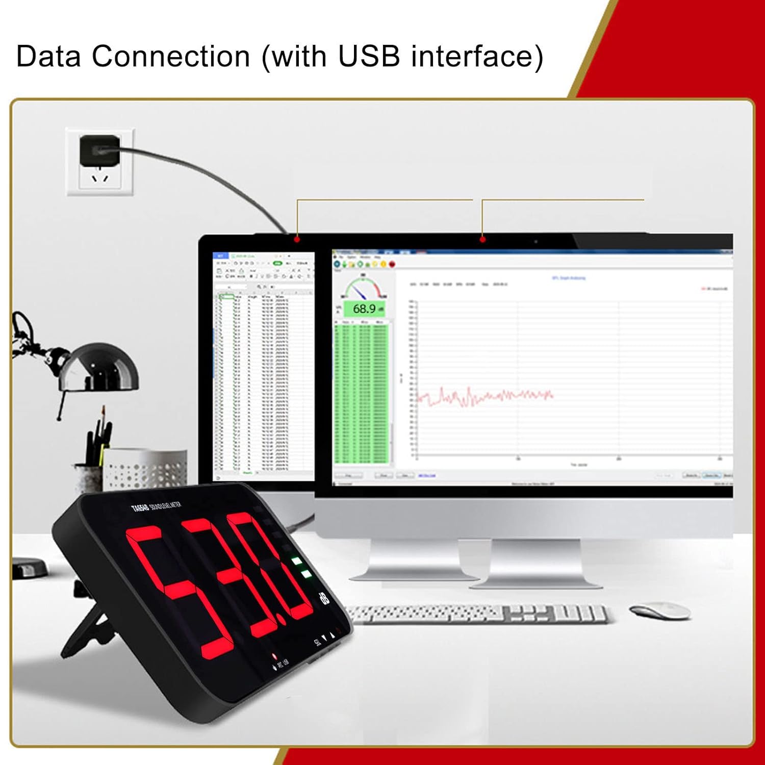 Decibel Meter Sound Alarm Wall Hanging Noise 30-130db Reader Digital Large LCD Display Mounted Temperature Humidity Measuring Level Db Tester TA654B