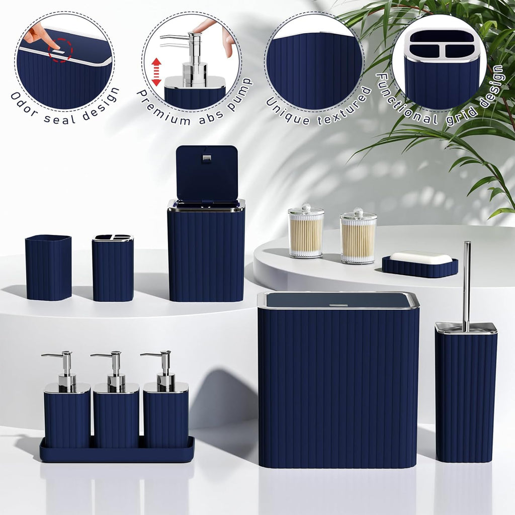 Bathroom Accessory Set - Bathroom Set, 27PC Bathroom Accessories Set, Navy Blue Bathroom Sets with Shower Curtain and Rugs, Mini Trash Can, Toilet Brush, Trash Can & Soap Dispenser