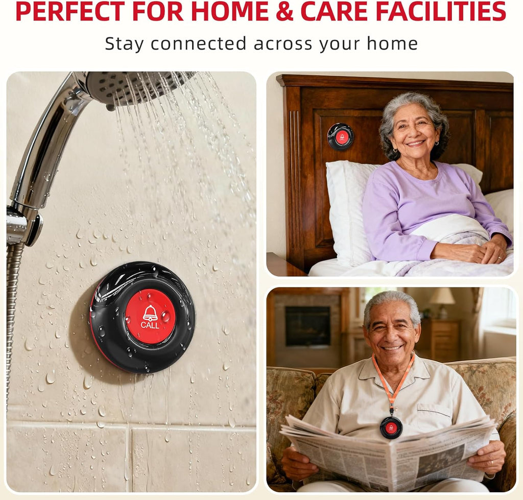 CallToU Caregiver Pager Wireless Call Bell Alert Button for Seniors/Elderly/Patients 1 Plugin Receiver 1 Waterproof Transmitter