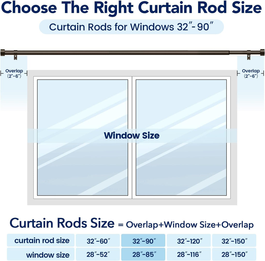 2 Pack Curtain Rods for Windows 48 to 84 Inch(4-7ft), 1 Inch Bronze Adjustable Heavy Duty Long Curtain Rod Set, Modern Style Outdoor Drapery Rods for Patio Bedroom, Size 32"- 90"