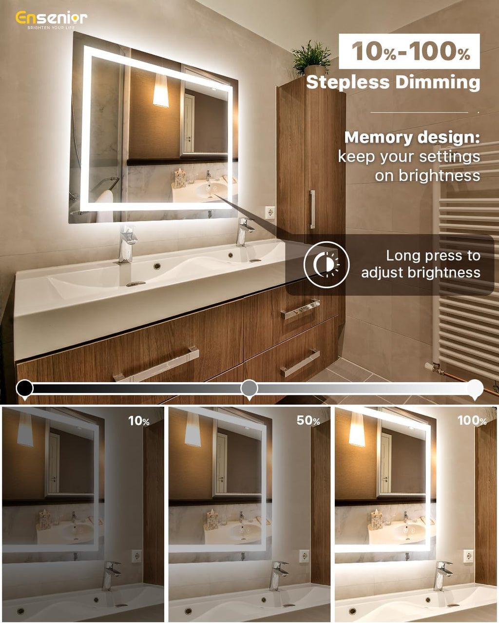 Ensenior LED Bathroom Mirror 40"x 32" with Front and Backlight, Stepless Dimmable Wall Mirrors with Anti-Fog, Shatter-Proof, Memory, 3 Colors, Modern LED Vanity Mirror-ETL & FCC