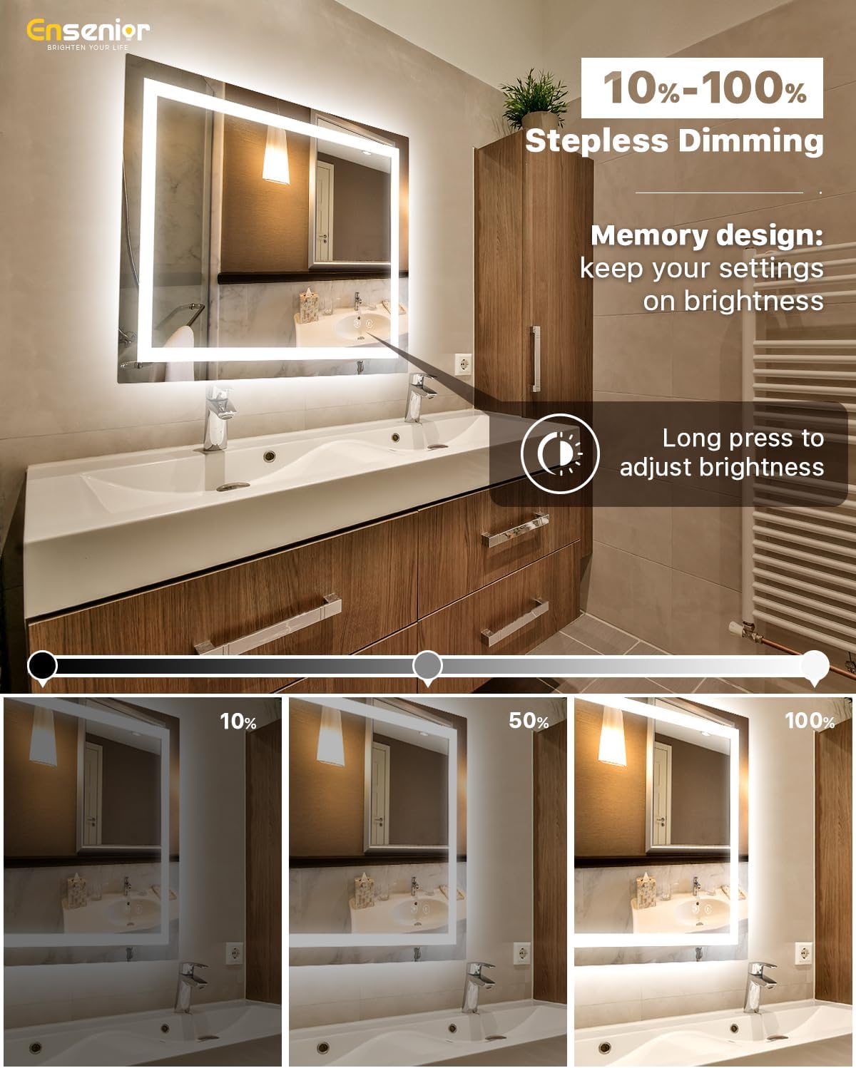 Ensenior LED Bathroom Mirror 40"x 32" with Front and Backlight, Stepless Dimmable Wall Mirrors with Anti-Fog, Shatter-Proof, Memory, 3 Colors, Modern LED Vanity Mirror-ETL & FCC