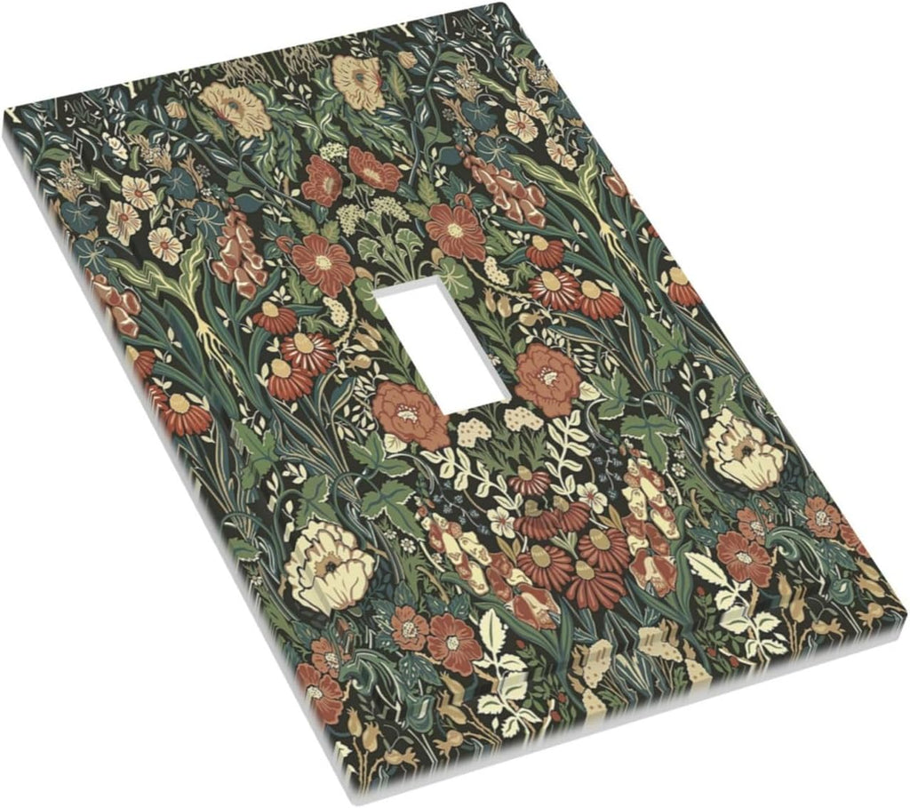 Decorative Light Switch Cover Vintage Dark Floral William Morris Green Flower 1 Gang Single Toggle Device Electrical Faceplate Switchplates Decorator Outlet Wall Plate for living Room Home