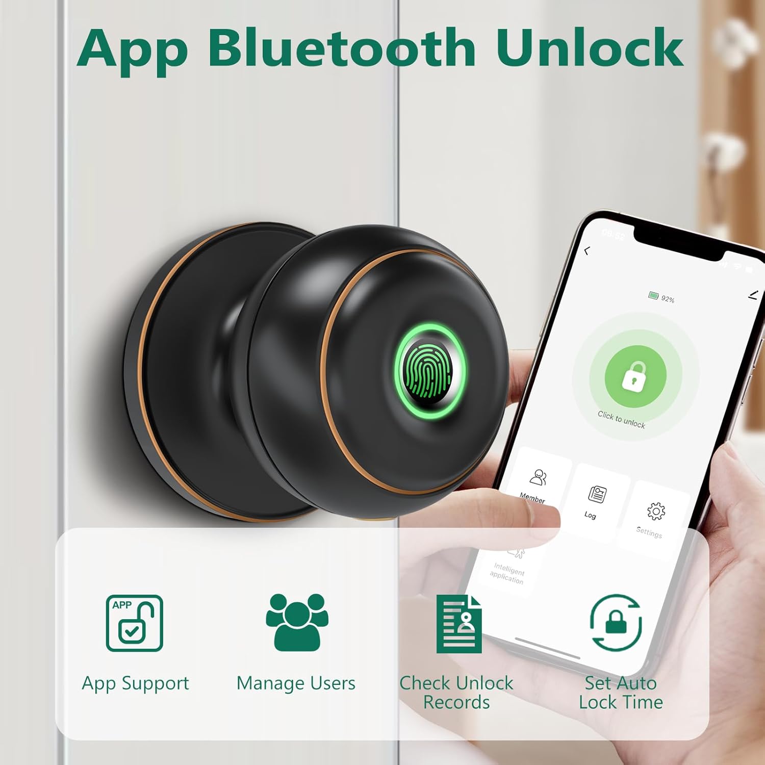 GeekTale Fingerprint Door Lock, Smart Lock with App, Biometric Door Lock, Thumbprint Door Knob, Smart Fingerprint Door Knob for Bedroom, Office, Apartment