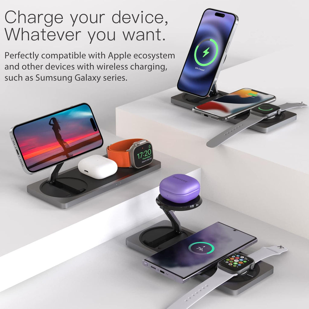 3-in-1 Charging Station for Apple Devices: Used for iPhone and Watch Charging Station with Magsafe Charger Stand, Wireless Charger for iPhone 17 Air 16 15 14 13 Series, Apple Watch Ultra, AirPods Pro