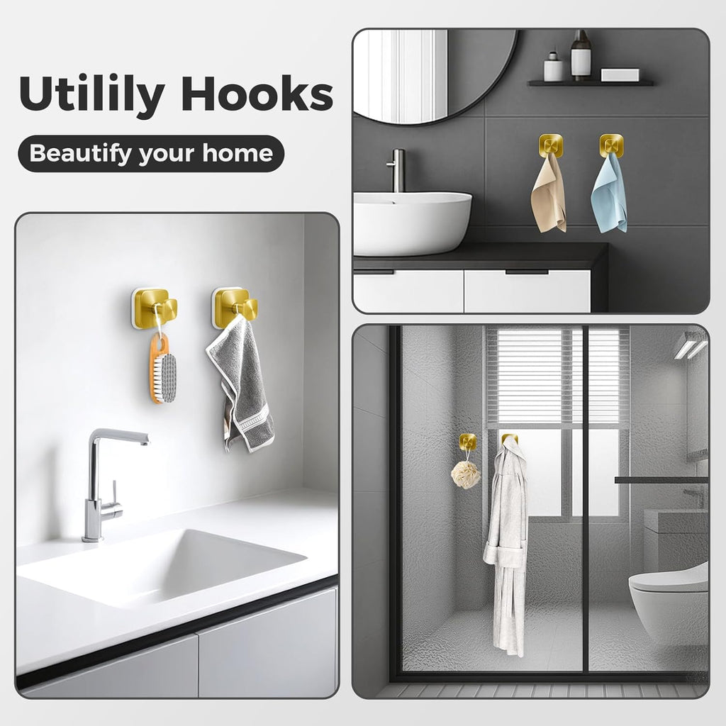 Shower Hooks for Inside Shower,Reusable Suction Cup Hooks for Glass Window,Mirror,Removable Towel Hooks for Bathroom,4 Pack(Gold)