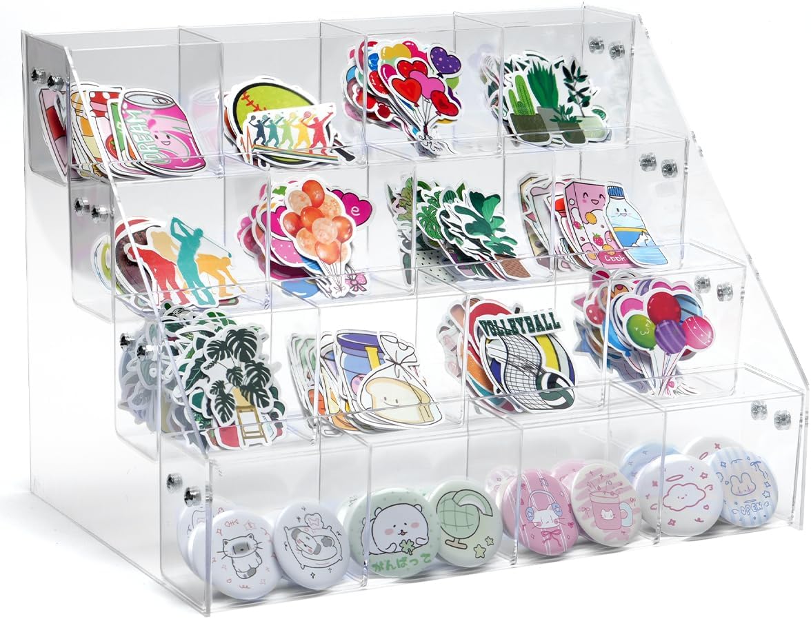 UCEC 4-Tier Sticker Display Stand for Vendors, 16-Pocket Acrylic Display Stands & Card Stand, Portable Organizer for Trade Shows, Retail Stores, Small Business Supplier Events