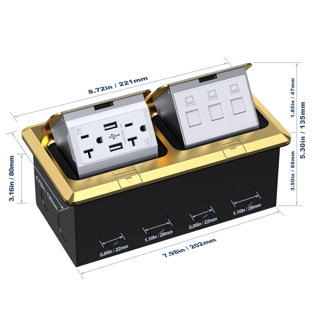 KYHSHJ Dual Pop-Up Floor Electrical Outlet Box Kit，20 Amp Stainless Steel USB TR Receptacle Outlet，3-Port RJ45 Datacom Receptacle，Waterproof Gasket with IP44 Waterproof Rating, ETL Listed, Brass
