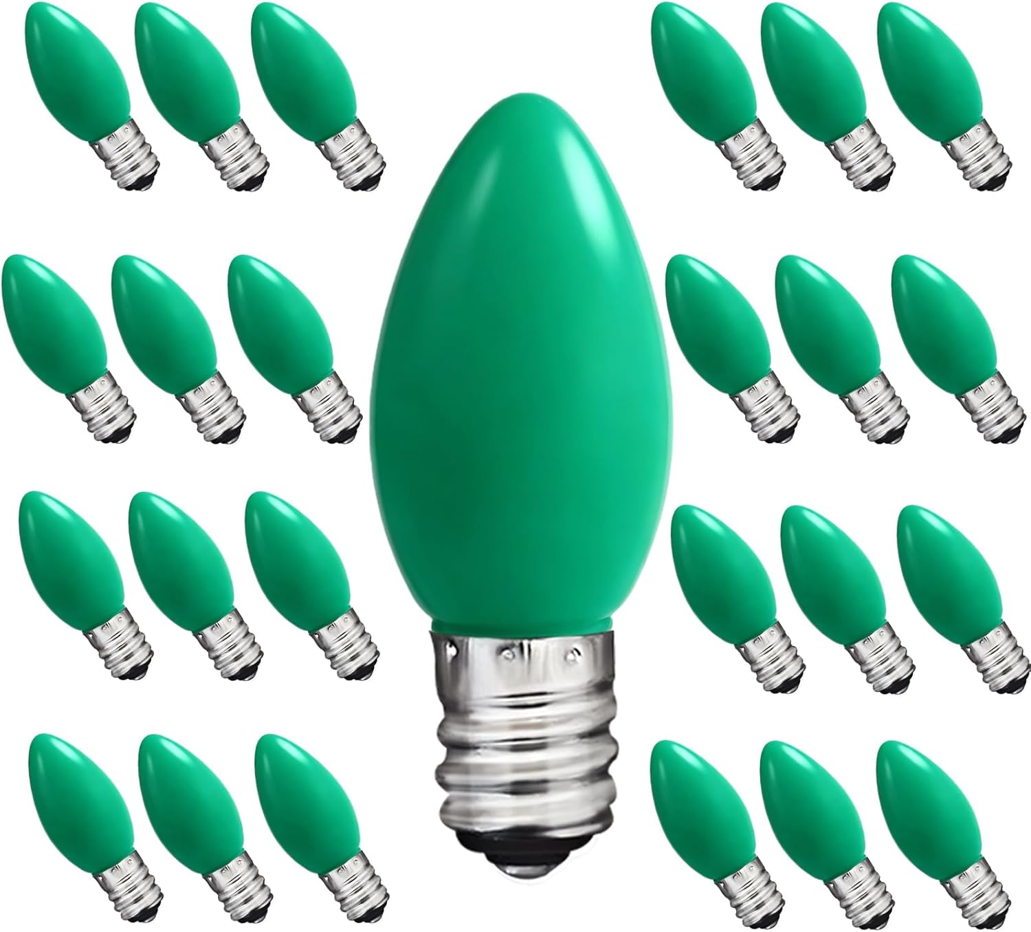 C7 Green LED Light Bulb,25 Pack 0.6w C7 Ceramic Replacement Christmas Lights with E12 Base,Green Outdoor Light Bulb for Chandelier Window Candle Christmas String Lights