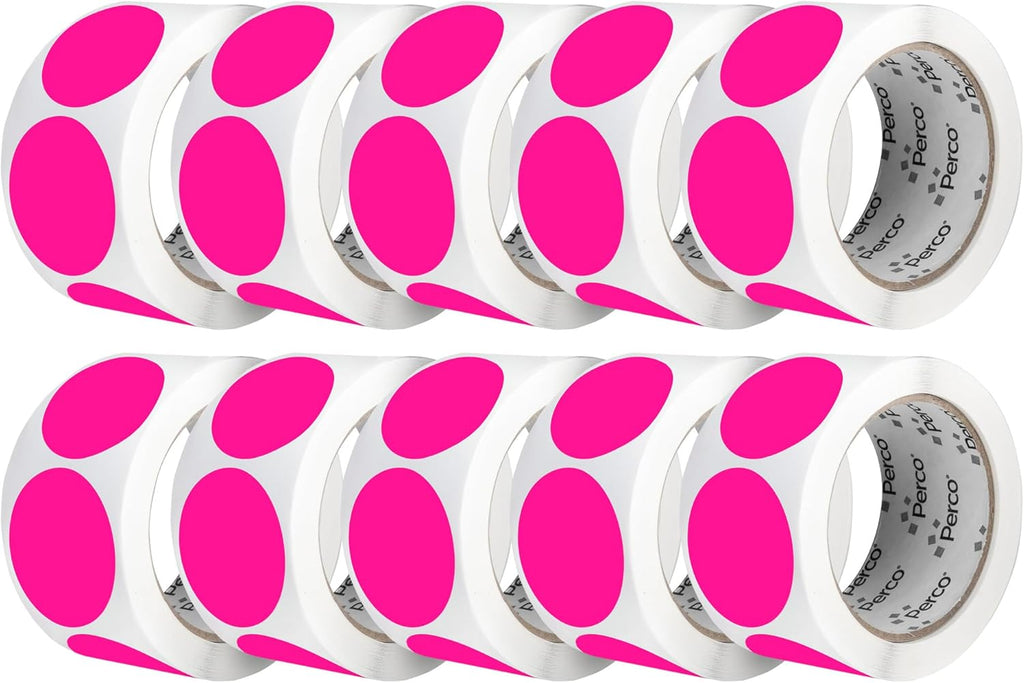 Perco Fluorescent Pink 2-Inch Perforated Circle Dot Sticker Labels — 10 Rolls, 5,000 Round Stickers — with Permanent Adhesive for Organizing, Color Coding, Bin Labeling, Packaging Alerts—Made in USA