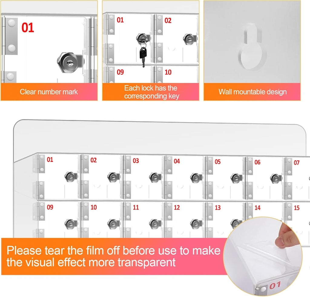 Cell Phone Locker 100 Slots, Wall-Mounted Cell Phone Lock Box with Keys, Acrylic Cell Phone Storage Locker for Office Classroom Gym, Clear Cell Phone Locker Cabinet for Storage (Large 40 Slots)