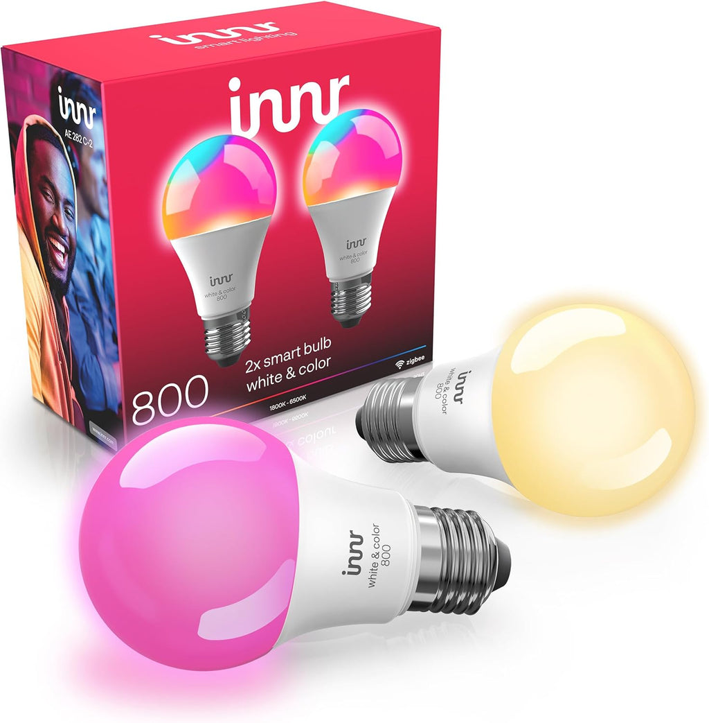 innr Zigbee A19 Smart Bulb, Works with Hue*, Alexa, SmartThings (Hub Required), White & Color, E26 LED Bulb, Color Changing Light Bulb, up to 16 Million Colors, Dimmable, 840 Lumen, 2-Pack
