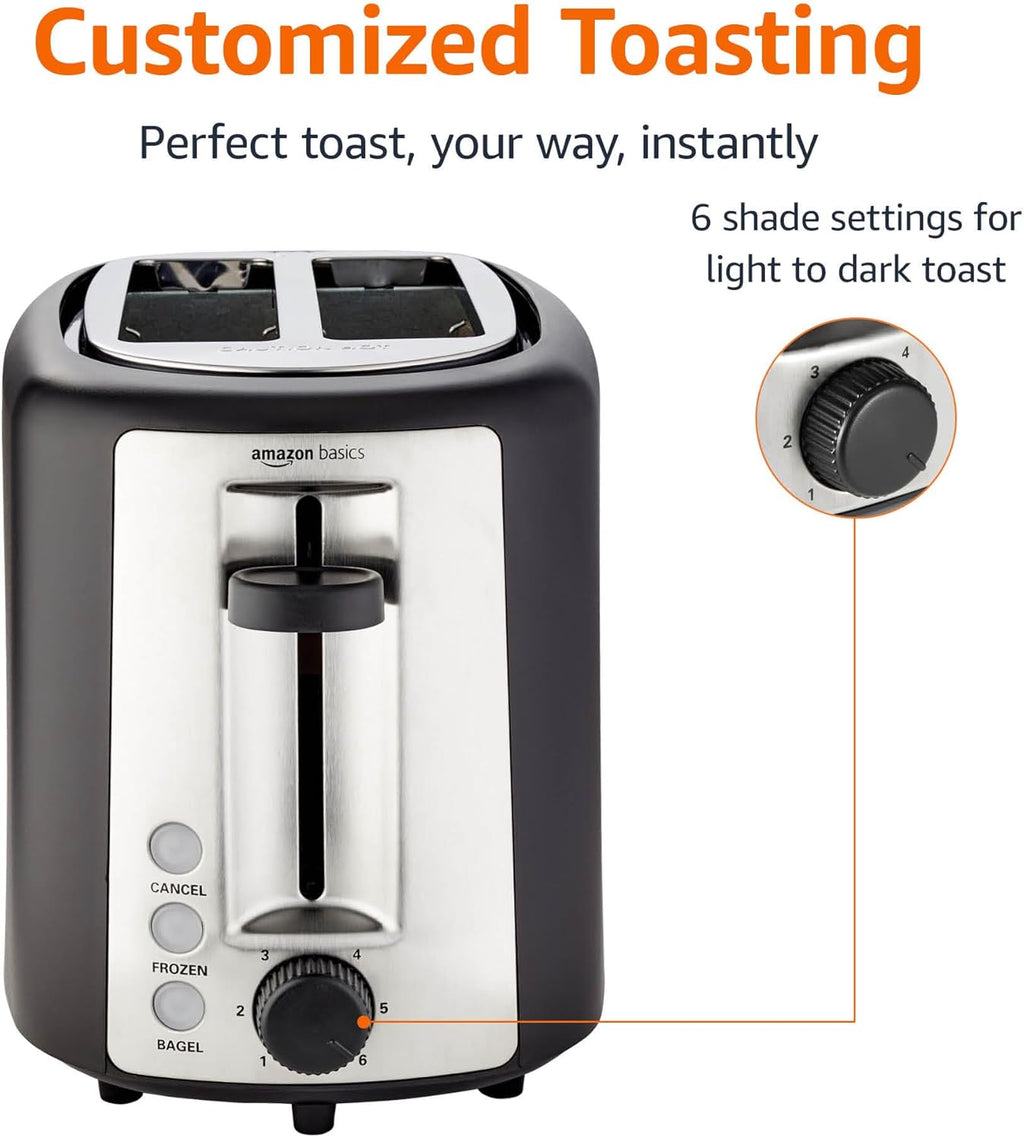 Amazon Basics 2 Slice Toaster, With 6 Browning Settings, Extra Wide Slots For Bagels and Special Breads, Removable Easy-to-Clean Crumb Tray, Cancel/Defrost/Bagel Buttons, 900W, Black & Silver