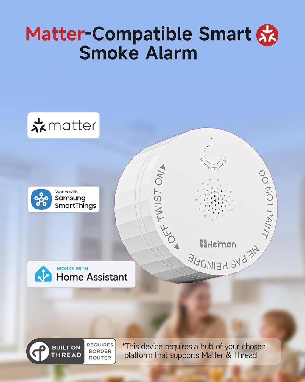 Heiman Matter Smoke Detector, Smart Photoelectric Fire Alarm, Ul217-9Th Listed, Battery Powered, Real-Time Notification, Compatible With Smartthings, Home Assistant, Mini Portable For Home, Rv, Travel