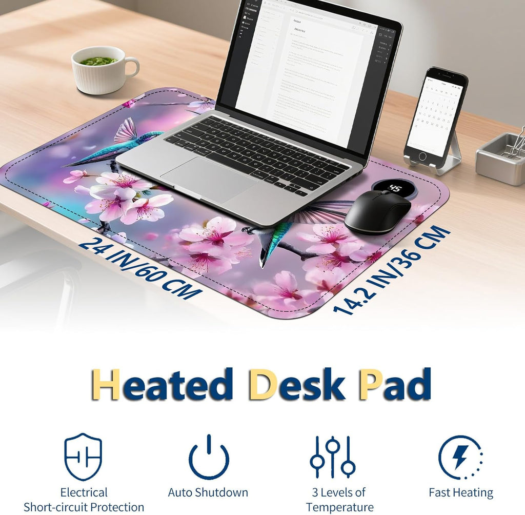 Heated Mouse Pad with 3 Temperature Settings(104°F–122°F),Large 24x14.2 Inch PU Leather Heated Desk Mat,Waterproof Warming Pad for Office,Gaming & Cold Hands Relief,Hummingbirds Flowers
