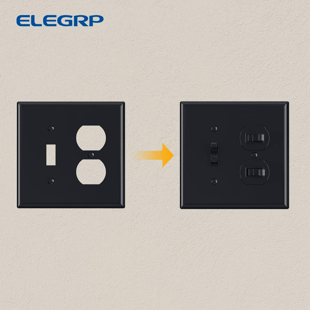 Combination Wall Plate ELEGRP 1-Toggle Light Switch 1-Duplex Receptacle Outlet Combination Wall Plate Cover, Mid-Size 4.88" x 4.94" Unbreakable Thermoplastic Faceplate Cover, UL Listed (2 Pack, black)