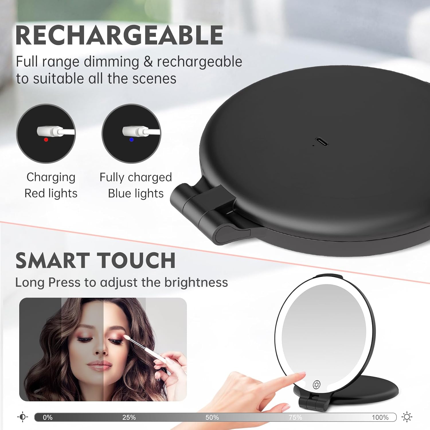 FUNTOUCH Travel Mirror with Light, 1X/10X Rechargeable Makeup Mirror with Magnifying, 7'' Double Sided 3 Color Lighting Modes for Travel Essential, Portable Vanity Mirror, Black