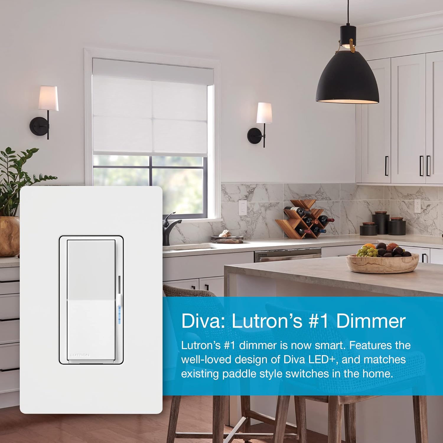 Lutron Diva Smart Dimmer Light Switch for Caseta Lighting (Lutron Smart Hub Required), for LED Lights, 150W, Single-Pole/3-Way, No Neutral, White, 9 Pack