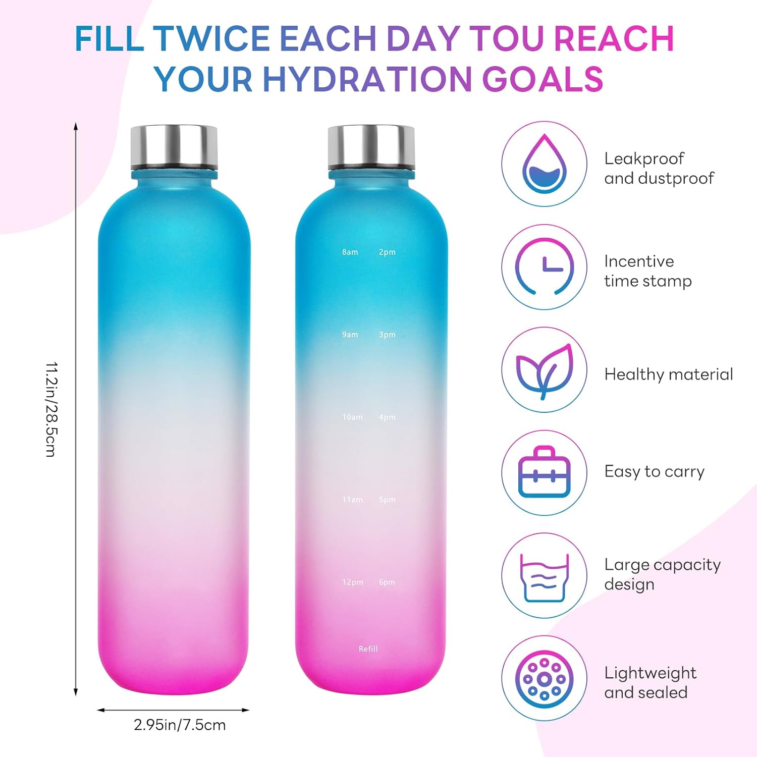 1L（33 oz） daily tracking schedule time hours reminder motivational day goals hydration capacity measured marker tracker plastic wide mouth measurements water bottle