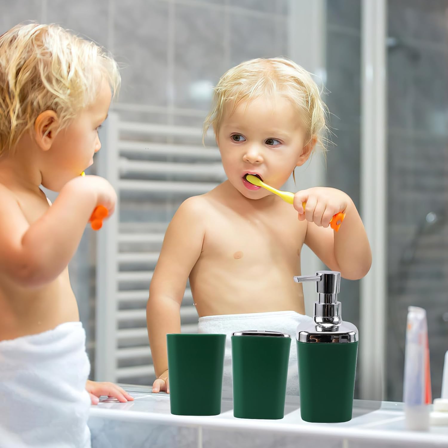 Dark Green Bathroom Accessories Set, Bathroom Sets with Shower Curtain, Green Bathroom Accessories with Trash Can, Soap Dispenser, Soap Dish, Toilet Brush Holder, Qtip Holders for Bathroom