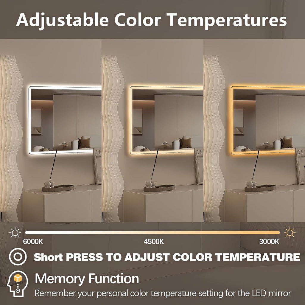 Niccy Led Mirror for Bathroom, 40"x24" Frameless Frontlit and Backlit Mirror for Wall Lighted Mirror with Bedroom 3 Color, Defogger, Explosion-Proof, HD Glass, IP65 Vanity Mirror Horizontal/Vertical