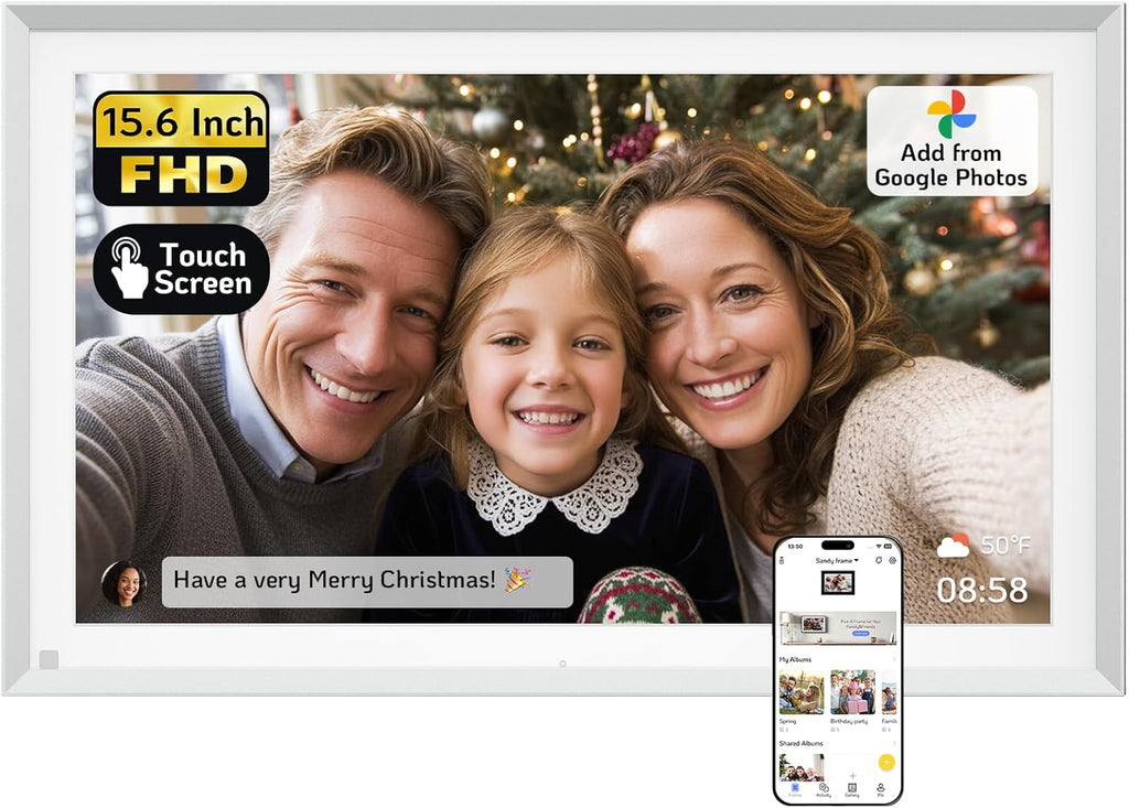 NexFoto 15.6" Touchscreen Digital Picture Frame, FHD WiFi Digital Photo Frame 64GB, Add Pics from Google Photos, Upload Videos via App/USB, Gifts for Christmas/Mom/Grandpartents, Silver